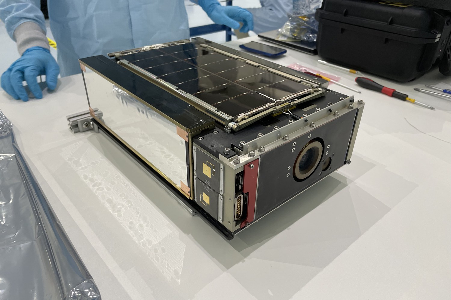 LunaH-Map flight spacecraft on a cleanroom bench with solar panels stowed