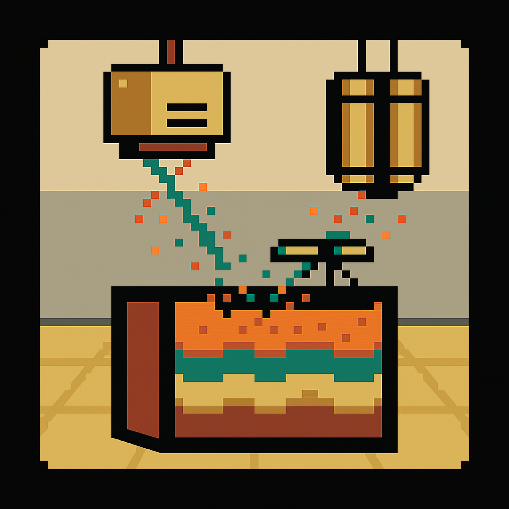 Pixel-art illustration of the associated particle imaging concept: a neutron generator and detectors above a layered regolith target